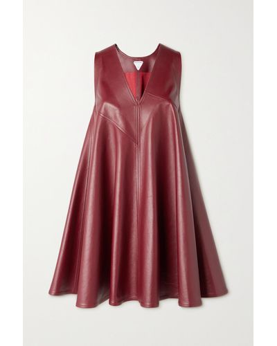 Bottega Veneta V-neck A-line Leather Mini Dress - Red