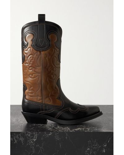 Ganni Embroidered Two-tone Leather Cowboy Boots - Brown