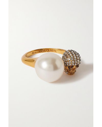 Alexander McQueen Faux Pearl And Skull Ring - Metallic