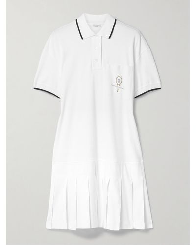 Brunello Cucinelli Tennis Pleated Embroidered Cotton-jersey Mini Dress - White