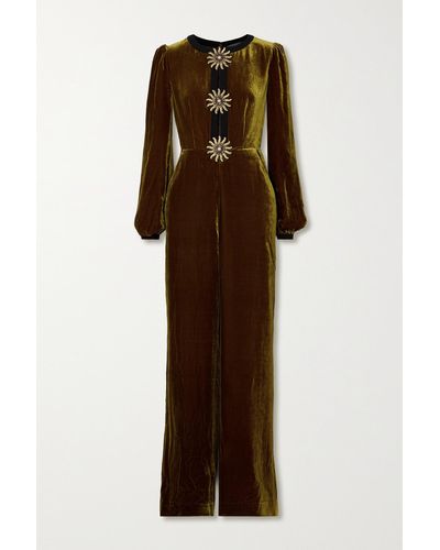 Saloni Camille Cutout Embellished Velvet Jumpsuit - Brown
