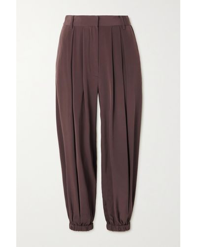 Tibi Pleated Silk Tapered Trousers - Brown