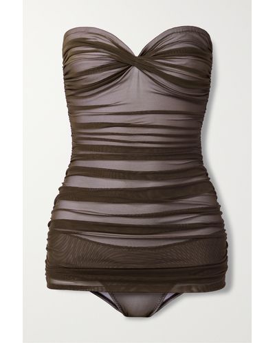 Norma Kamali Walter Mio Strapless Ruched Stretch-tulle Swimsuit - Brown