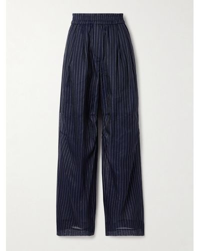 Brunello Cucinelli Pantalon Large En Coton Mélangé Métallisé À Fines Rayures - Bleu