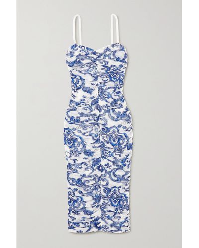 L'Agence Caprice Ruched Printed Stretch-tulle Midi Dress - Blue