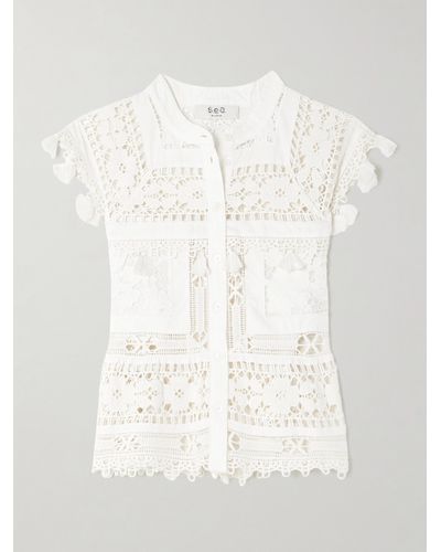 Sea Joah Fringed Broderie Anglaise Cotton And Corded Lace Blouse - White