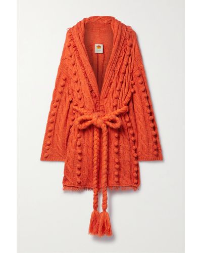 FARM Rio Oversized Belted Frayed Embellished Cable-knit Cardigan - Red