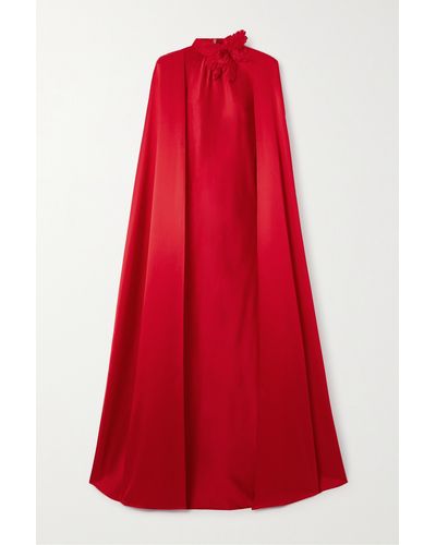 Rodarte Cape-effect Appliquéd Silk-charmeuse Gown - Red