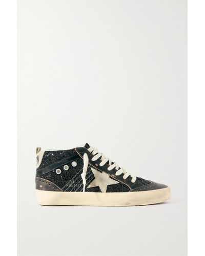 Golden Goose Mid Star Suede And Leather-trimmed Distressed Glittered Faux Leather Sneakers - Black