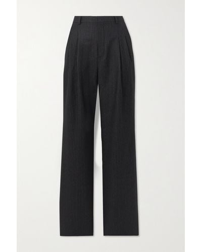 Saint Laurent Pleated Pinstriped Wool And Cotton-blend Straight-leg Trousers - Black