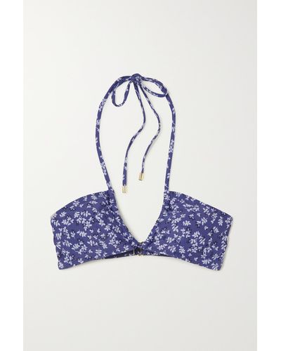 Peony + Net Sustain Ruched Floral-print Stretch-econyl Halterneck Bikini Top - Blue