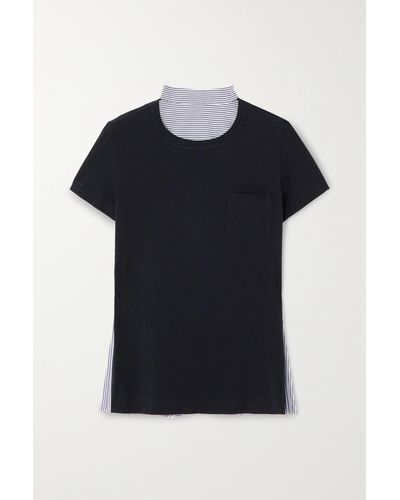 Sacai Pleated Panelled Cotton-jersey And Striped Poplin T-shirt - Black