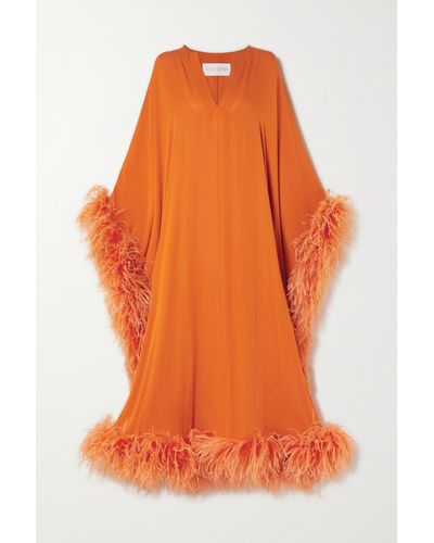 Valentino Feather-trimmed Draped Crepe Gown - Orange