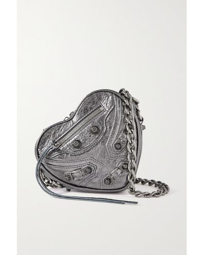 Balenciaga Le Cagole Heart Mini Metallic Crinkled-leather Shoulder Bag - Gray