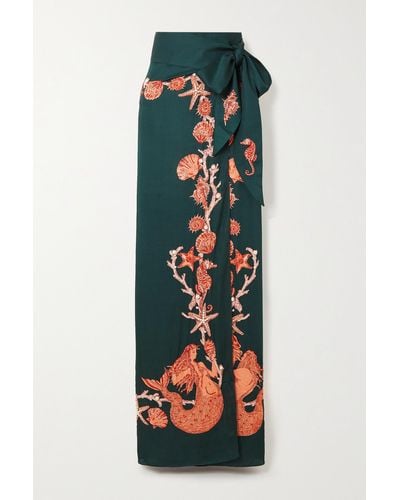 Clio Peppiatt + The Vanguard Mermaid Embellished Printed Voile Maxi Wrap Skirt - Green