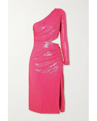 L'Agence Christie One-shoulder Ruched Cutout Sequined Jersey Dress - Pink