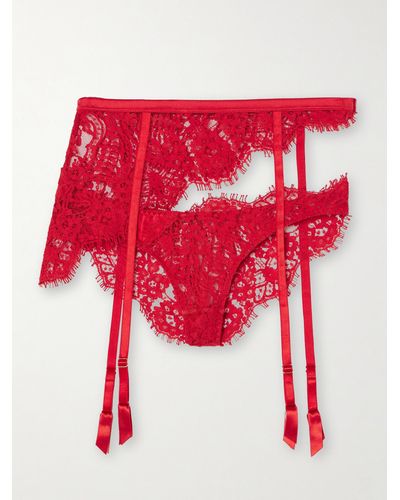 Coco De Mer Marella Asymmetric Satin-trimmed Lace Open Suspender Briefs - Red