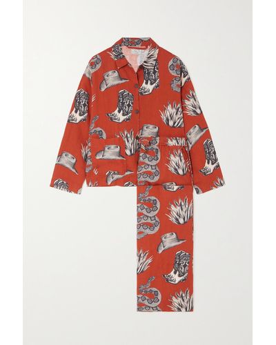 Desmond & Dempsey Pocket Pyjama Aus Bedrucktem Leinen - Rot