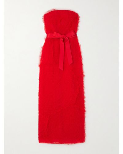 Huishan Zhang Monica Strapless Grosgrain-trimmed Ruffled Tulle Maxi Dress - Red