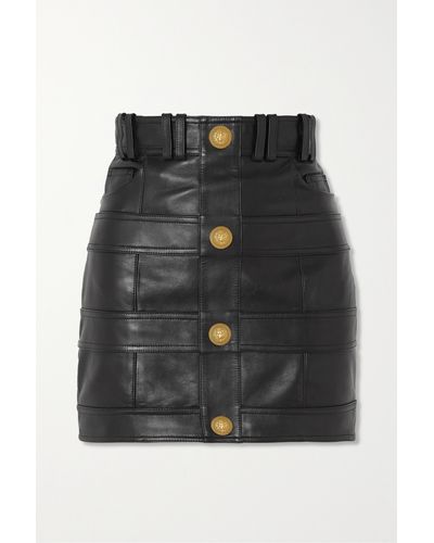 Balmain Button-embellished Panelled Leather Mini Skirt - Black