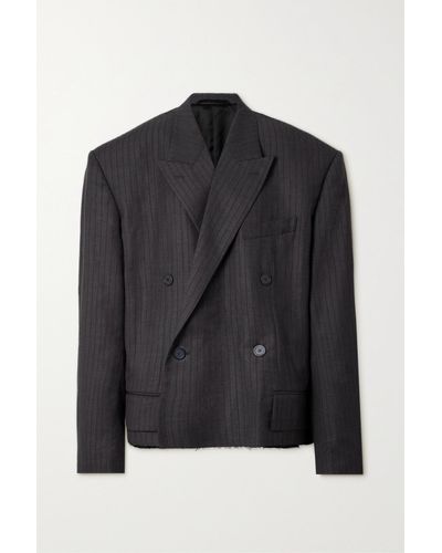 Balenciaga Oversized Double-breasted Distressed Pinstriped Wool Blazer - Black