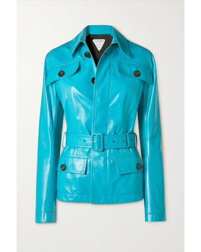 Bottega Veneta Belted Glossed-leather Jacket - Blue