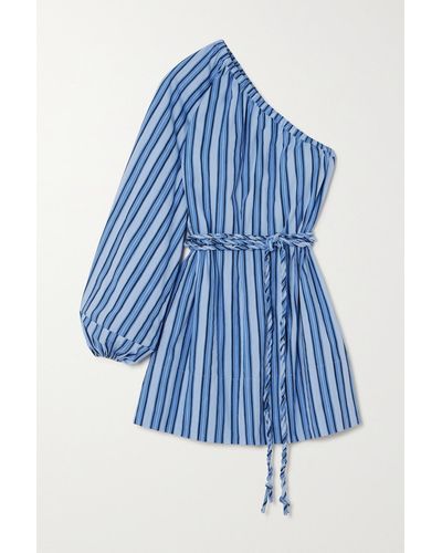 Faithfull The Brand + Net Sustain Calia Belted One-sleeve Striped Organic Cotton-poplin Mini Dress - Blue
