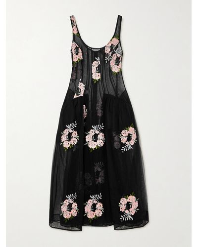 Simone Rocha Embroidered Tulle Midi Dress - Black