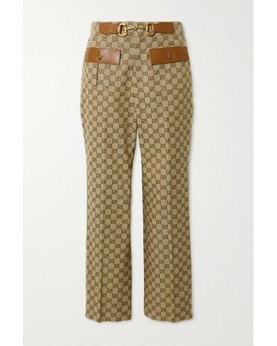 Gucci Leather-trimmed Cotton-blend Canvas-jacquard Flared Trousers - Green