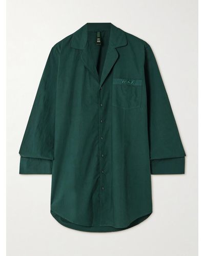 Skims Spa Cotton Sleep Dress – Pine – Nachthemd Mit Stickerei - Grün
