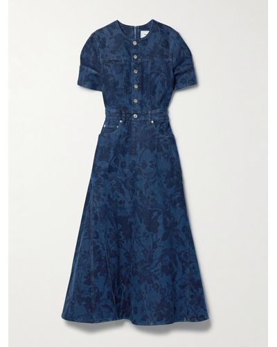 Erdem Midikleid Aus Denim Mit Blumenprint Und Lederbesatz - Blau