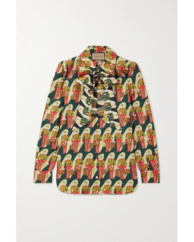 Gucci Graphic-print Curved-hem Silk Shirt - Brown