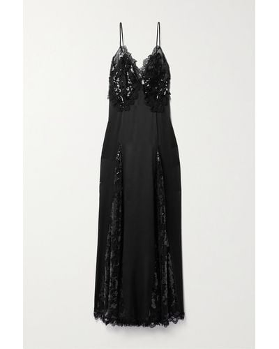 Rodarte Sequin-embellished Cotton-blend Lace-trimmed Satin Maxi Dress - Black