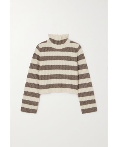Theory Cropped Striped Ribbed Wool-blend Turtleneck Jumper - Natural