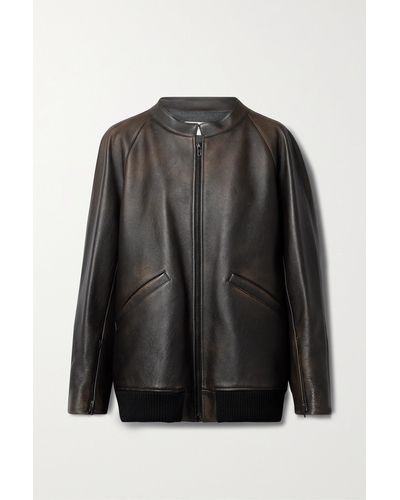 The Row Kengia Distressed Leather Bomber Jacket - Black