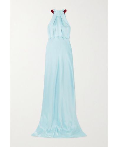 Saloni Michelle Velvet-trimmed Hammered-silk Maxi Dress - Blue