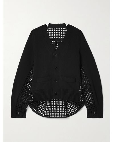 Sacai Panelled Broderie Anglaise And Cotton Cardigan - Black
