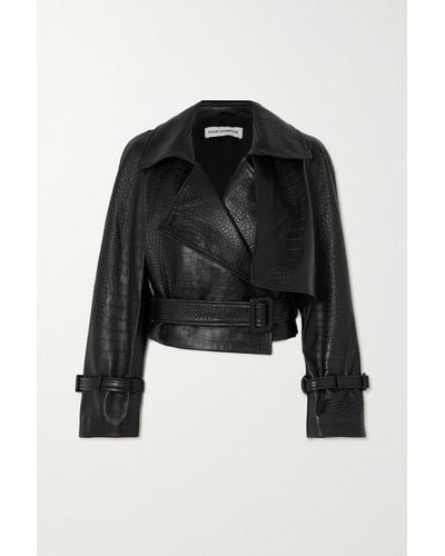 Nour Hammour + Net Sustain Hatti Cropped Belted Croc-effect Leather Jacket - Black