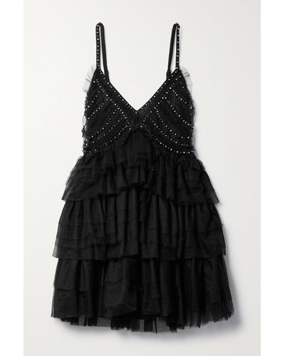 LoveShackFancy Jude Embellished Ruffled Tulle Mini Dress - Black