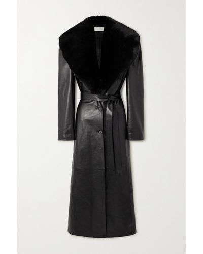 Magda Butrym Belted Convertible Shearling-trimmed Leather Coat - Black
