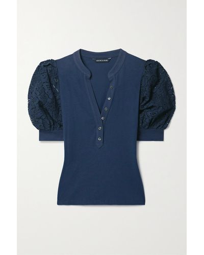 Veronica Beard Coralee Lace-trimmed Cotton-jersey Blouse - Blue