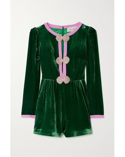 Saloni Camille Playsuit Aus Samt Mit Seiden-crêpe-besätzen Und Verzierungen - Grün