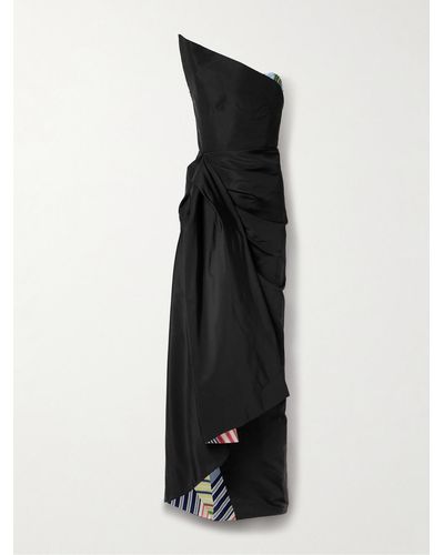 Rosie Assoulin Strapless Draped Striped Cotton And Linen-blend Trimmed Silk-faille Maxi Dress - Black