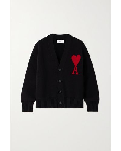 Ami Paris Cardigan En Laine Mérinos Intarsia - Noir