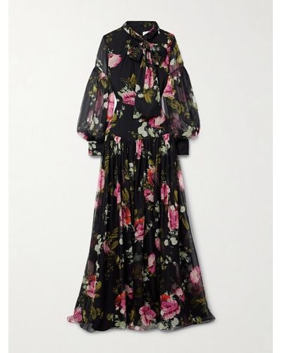 Erdem Pussy-bow Floral-print Silk-chiffon Maxi Dress - Black