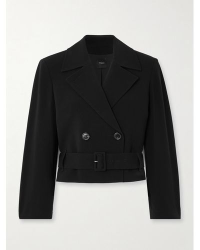 Theory Cropped Double-breasted Belted Crepe Jacket - Black
