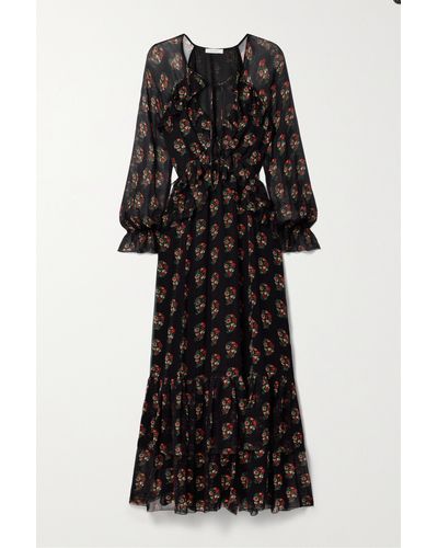 Doen Saffron Ruffled Floral-print Silk-georgette Maxi Dress - Black