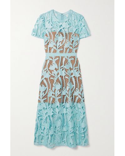 Self-Portrait Grosgrain-trimmed Embroidered Satin And Guipure Lace Midi Dress - Blue