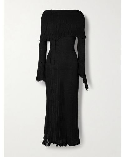 Acne Studios Off-the-shoulder Distressed Ribbed Cotton-blend Maxi Dress - Black