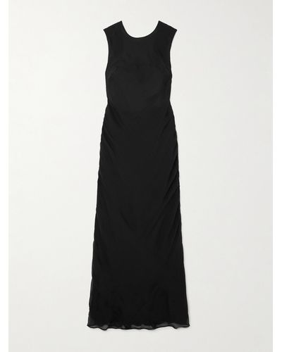 St. Agni Open-back Ruched Pinstriped Silk-voile Maxi Dress - Black